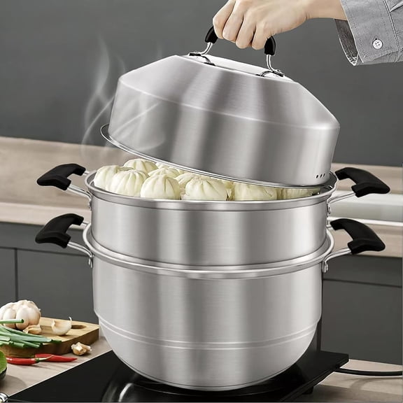 MANO Steamer Pot for Cooking 11.8 inch Steam Pots with Lid 2-tier Stainless Steel Steaming Pot Multipurpose Cookware with Handle for Vegetable, Dumpling, Stock, Sauce, Food