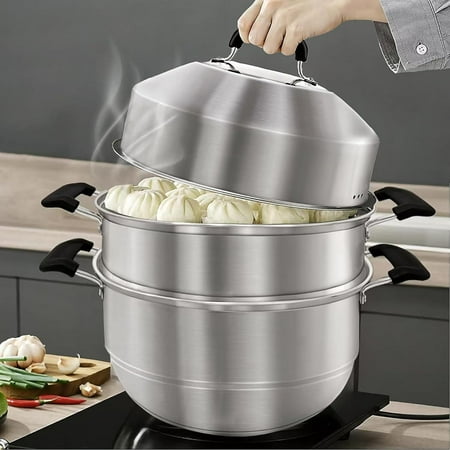Steamer Pot for Cooking 12.6 inch Steam Pots with Lid 2-tier Stainless Steel Steaming Pot Multipurpose Cookware with Handle for Vegetable, Dumpling, Stock, Sauce, Food…