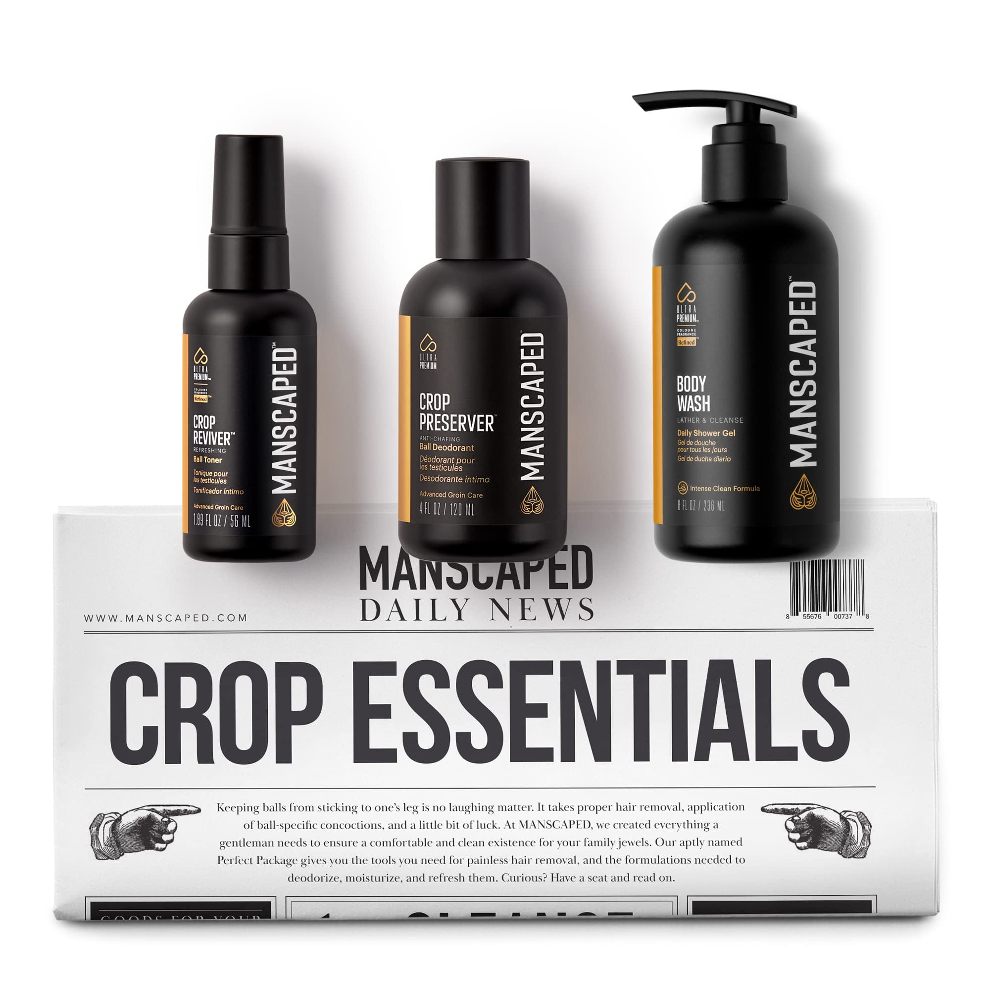 MANSCAPED Crop Essentials, Male Care Hygiene Bundle, Includes Refined Body Wash, Preserver Moisturizing Ball Deodorant, Reviver Toner and Disposable Shaving Magic Mat