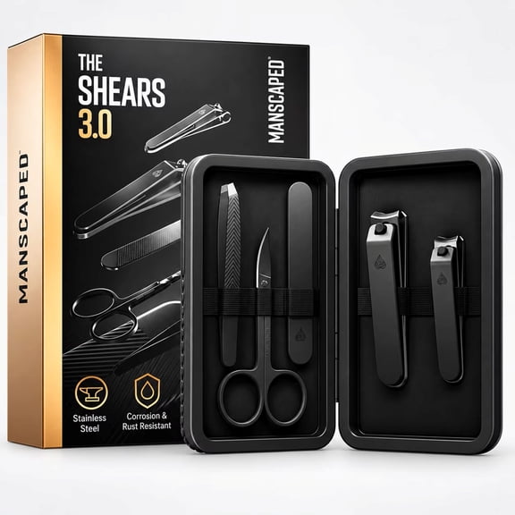 MANSCAPED Shears 3.0, 5 Piece Men's Nail Grooming Kit with Clippers, Scissors, Tweezers, Vegan Leather Travel Case, Waterproof