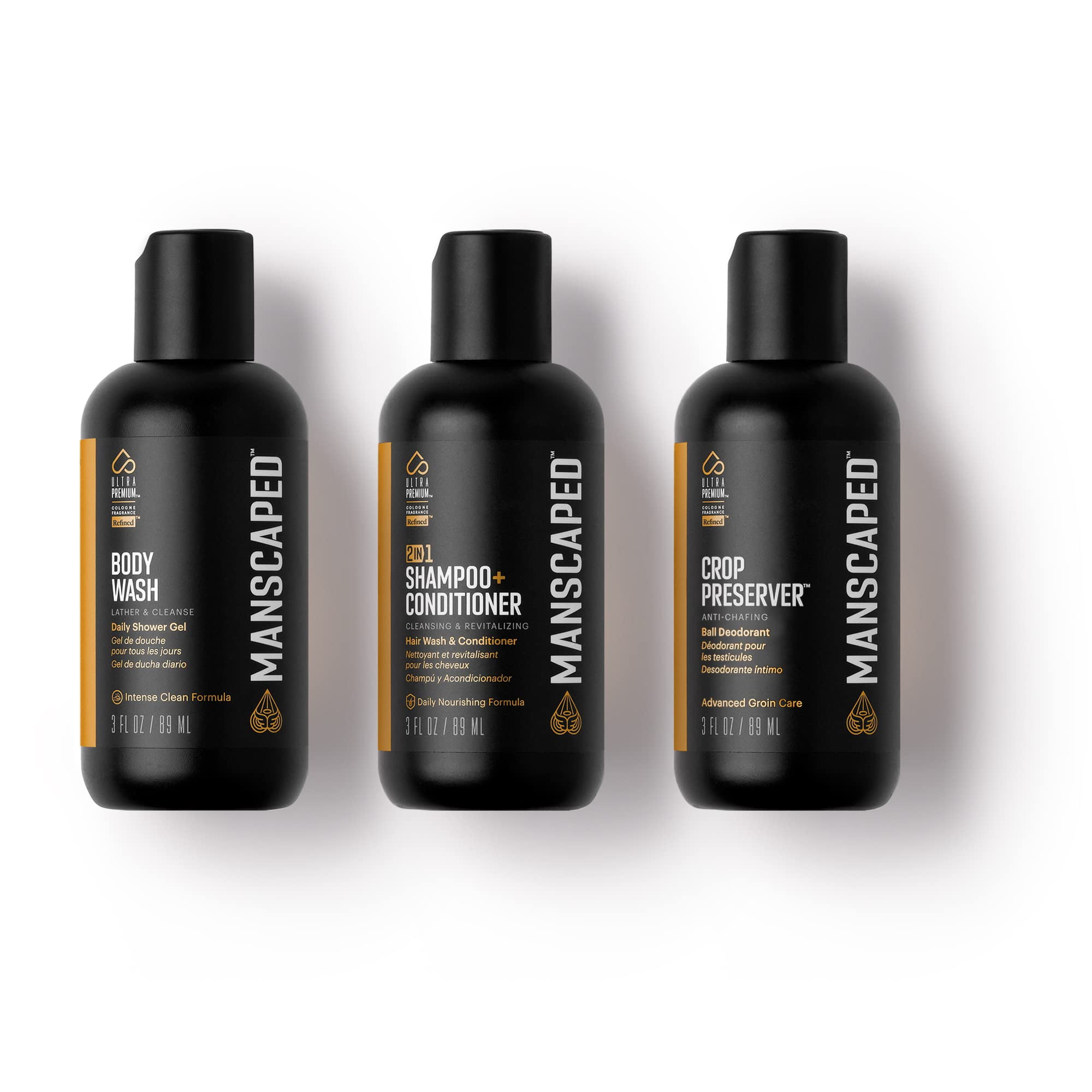 MANSCAPED® Travel Trio Men's CI30 Shower Set includes Crop Preserver™  Ball Deodorant, Refreshing Body Wash, Nourishing 2-in-1 Shampoo &  Conditioner, 3oz. Travel Sizes 