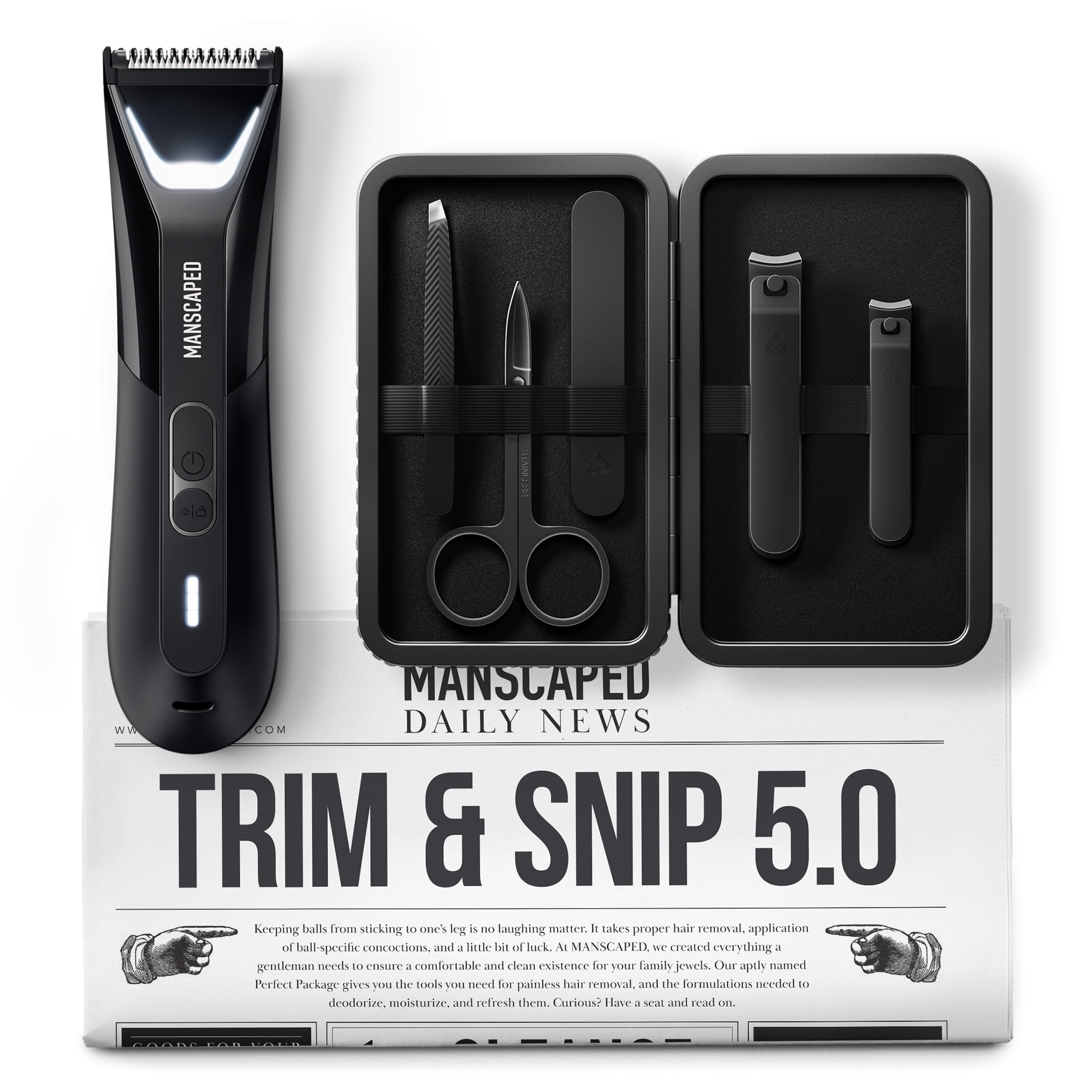 MANSCAPED Trim & Snip 5.0 Includes The Lawn Mower 5.0 ULTRA Men's Groin & Body Hair Trimmer, The Shears 3.0 5-Piece Nail Grooming Kit, The Magic Mat shaving mats