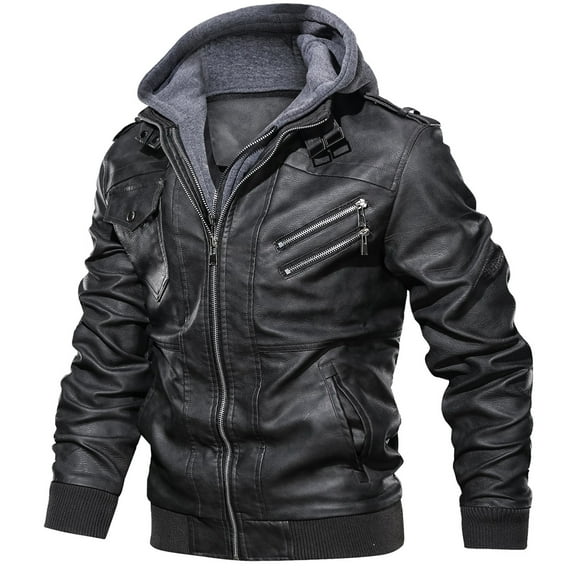 MANSDOUR Men's Faux Leather Jacket Casual Brown Zip-up Motorcycle Jacket with Removable Hood Black-L