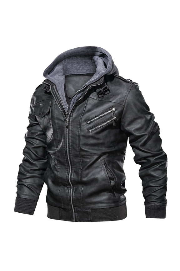 Men's Faux Leather Jacket Casual Brown Zip-up Motorcycle Jacket with Removable Hood Black-XL