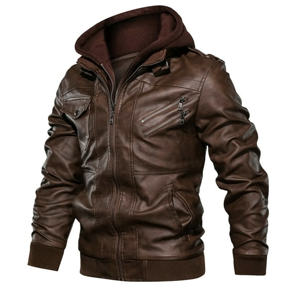 MANSDOUR Men's Faux Leather Jacket Casual Brown Zip-up Motorcycle Jacket with Removable Hood Brown-XXL