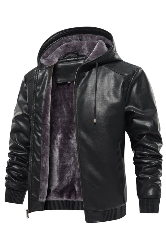 Men's Faux Leather Jacket Winter Warm Fleece Lined Motorcycle Bomber Jacket with Hood Black L