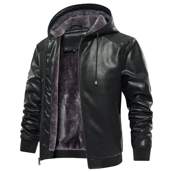 MANSDOUR Men's Faux Leather Jacket Winter Warm Fleece Lined Motorcycle Bomber Jacket with Hood Black M