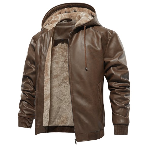 MANSDOUR Men's Faux Leather Jacket Winter Warm Fleece Lined Motorcycle Bomber Jacket with Hood Brown XXL