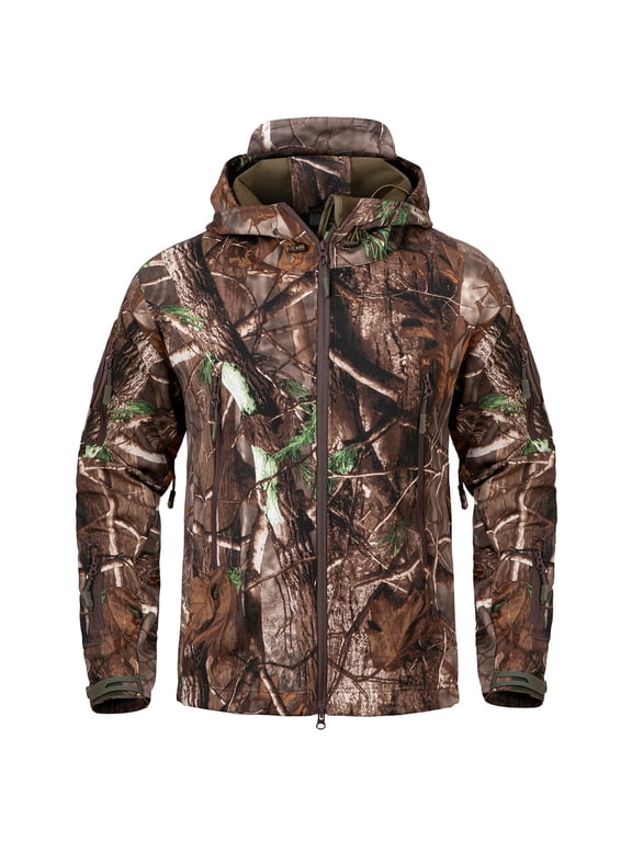 Men's Silent Softshell Hunting Jacket Fleece Lined Hooded Camo Water-resistant Outdoor Hiking Fishing Coat