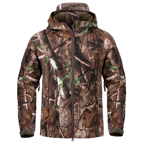 MANSDOUR Men's Silent Softshell Hunting Jacket Fleece Lined Hooded Camo Water-resistant Outdoor Hiking Fishing Coat