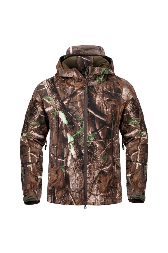 Men's Silent Softshell Hunting Jacket Fleece Lined Hooded Camo Water-resistant Outdoor Hiking Fishing Coat