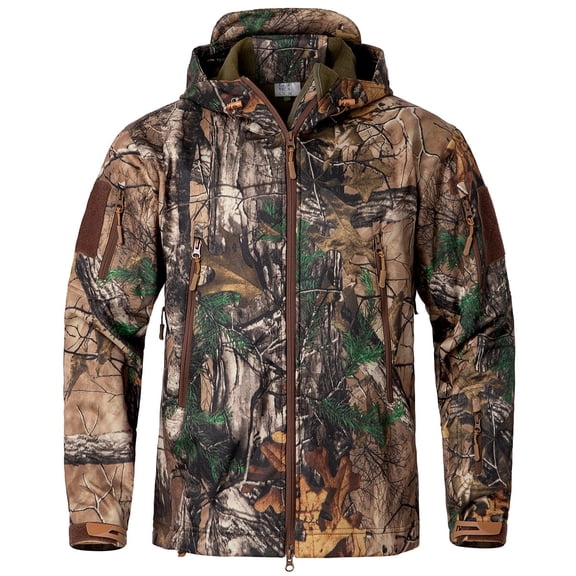MANSDOUR Men's Silent Softshell Hunting Jacket Fleece Lined Hooded Camo Water-resistant Outdoor Hiking Fishing Coat