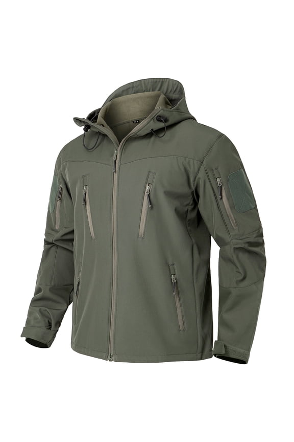 Men's Softshell Tactical Jacket Waterproof Fleece Lined Hooded Coats Outdoor Hiking Windbreaker Army Green L
