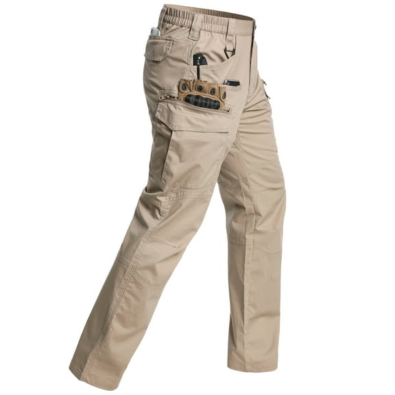 MANSDOUR Men's Stretch Ripstop Flex Tactical Pants Water-Resistant Lightweight Hiking Cargo Work Pants with 11 Pockets Kahki 34x30