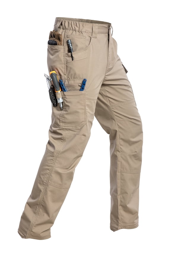 Men's Stretch Ripstop Tactical Pants Water Resistant Flex Cargo Pants Lightweight EDC Operator Work Utility Pants Kahki 34x30