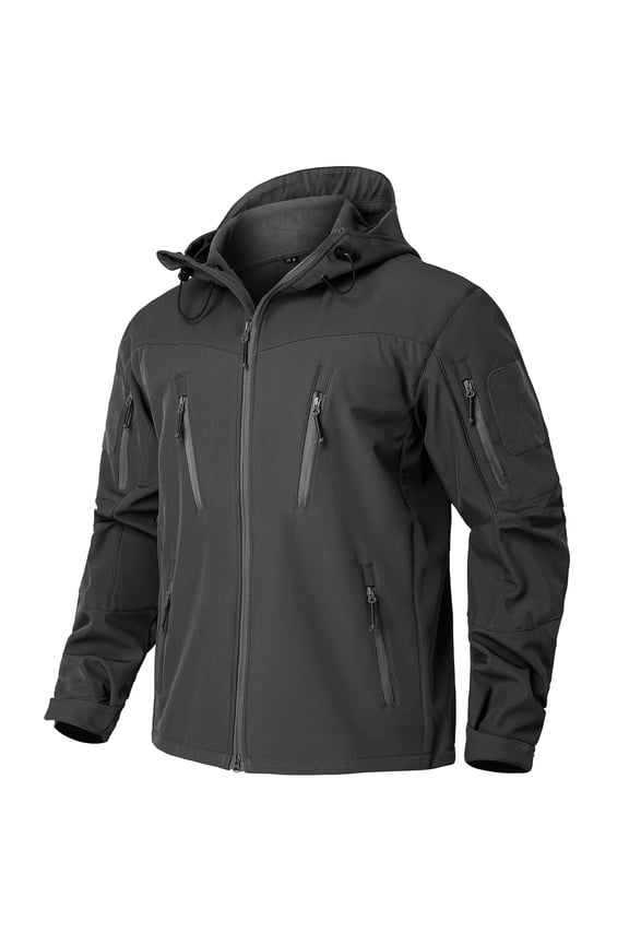 Men's Work Jacket Water Resistant Softshell Fleece Lined Drawstring Hooded Outdoor Hiking Windbreaker Zippered Pockets