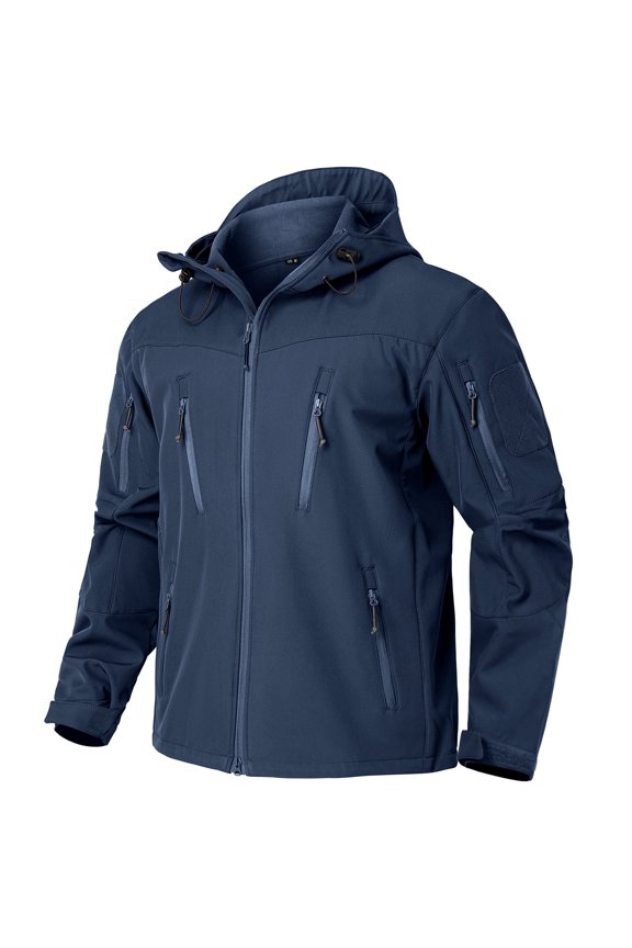 Men's Work Jacket Water Resistant Softshell Fleece Lined Drawstring Hooded Outdoor Hiking Windbreaker Zippered Pockets
