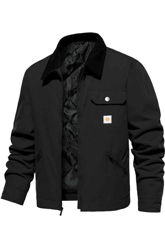 Men's Winter Cotton Jacket Warm Cargo Work Jacket With Quilted Padded Lined Regular Fit Lapel Trucker Coat Black XL