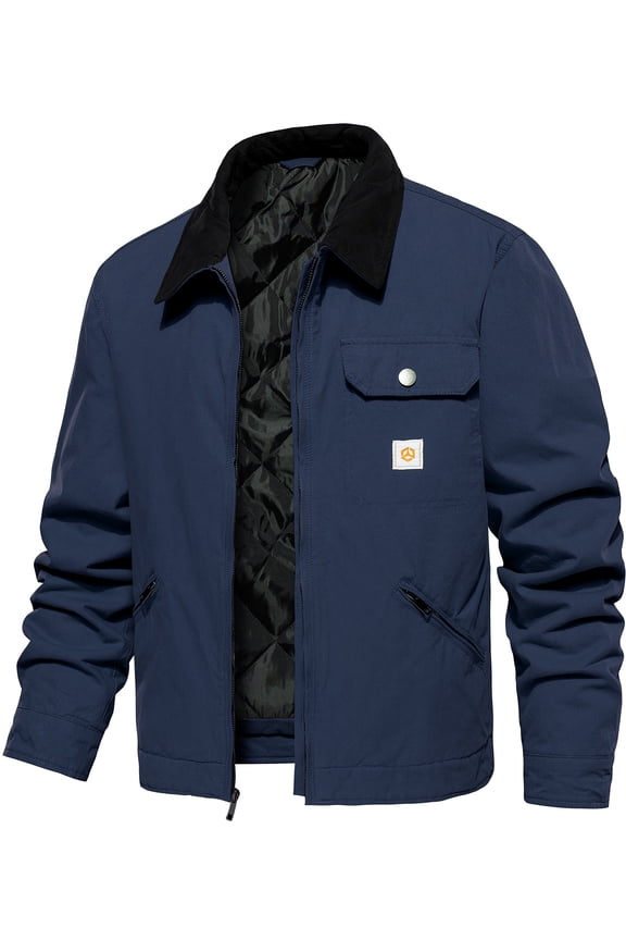 Men's Winter Cotton Jacket Warm Cargo Work Jacket With Quilted Padded Lined Regular Fit Lapel Trucker Coat Navy Blue L