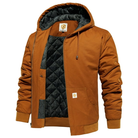 MANSDOUR Men's Winter Hooded Active Jacket Warm Quilted-Lined Cotton Insulated Casual Outdoor Workwear Coat Brown L