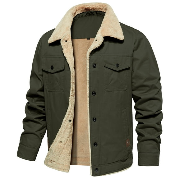 MANSDOUR Men's Winter Fleece lined Jacket Cotton Warm Sherpa Cargo Jackets Thermal Lapel Trucker Work Coat Army Green L