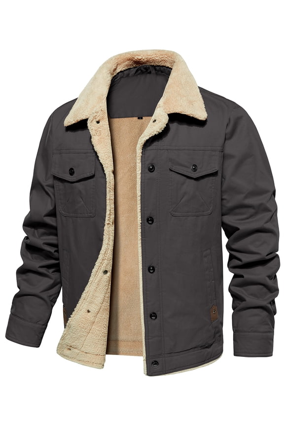 Men's Winter Fleece lined Jacket Cotton Warm Sherpa Cargo Jackets Thermal Lapel Trucker Work Coat Dark Gray XXL