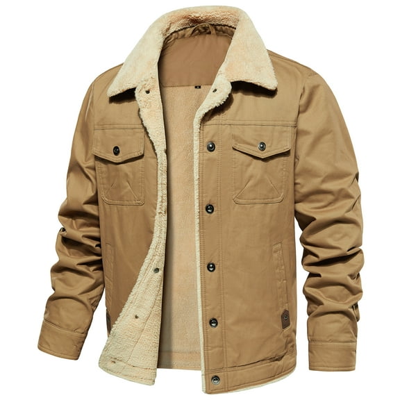 MANSDOUR Men's Winter Fleece lined Jacket Cotton Warm Sherpa Cargo Jackets Thermal Lapel Trucker Work Coat Khaki L