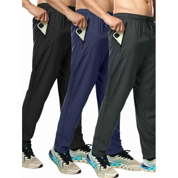 MANSENHUG 3 Pack Men's Lightweight Fabric Pants Spring Summer Workout Jogger with Zipper Pockets for Running Jogging Hiking