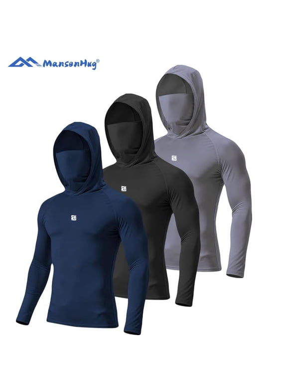 3 Pack Men's Sun Protection Hooded Shirt with Face Mask, UPF 55+ Long Sleeve Fishing Top, Quick Dry Athletic Work Shirt for Outdoor Construction