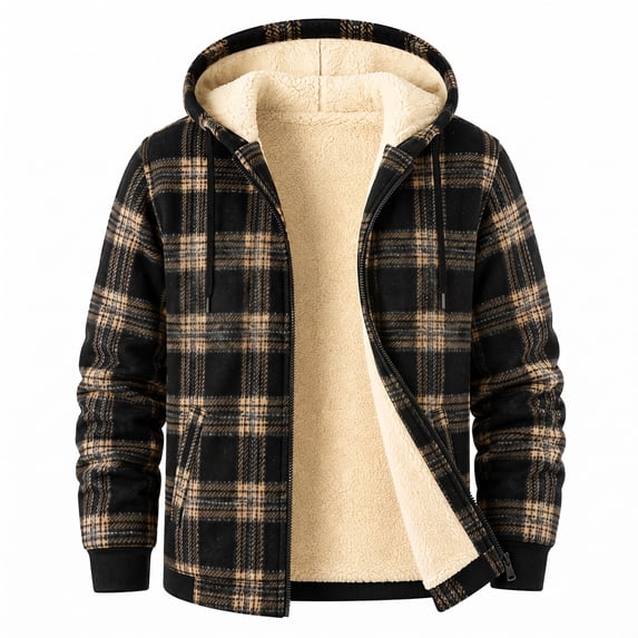 MANSENHUG Men's Plaid Flannel Hooded Winter Outerwear Jacket, Black-Yellow-Plaid, XXL