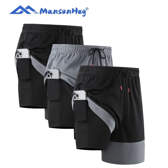 MANSENHUG Mens 2-in-1 Workout Shorts 3 Pack, Athletic Running Shorts with Liner & Phone Pocket, Color-Blocked Quick Dry Basketball Gym Hiking Activewear
