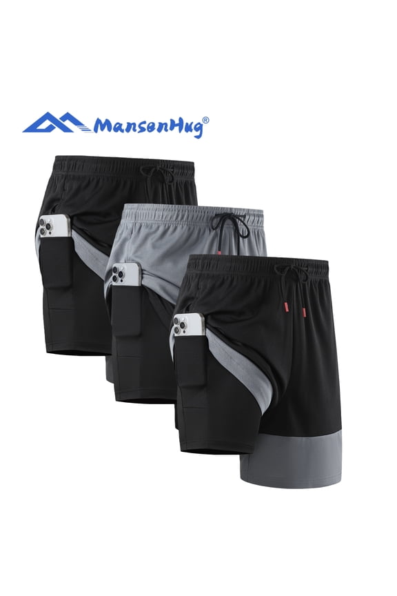 Mens 2-in-1 Workout Shorts 3 Pack, Athletic Running Shorts with Liner & Phone Pocket, Color-Blocked Quick Dry Basketball Gym Hiking Activewear
