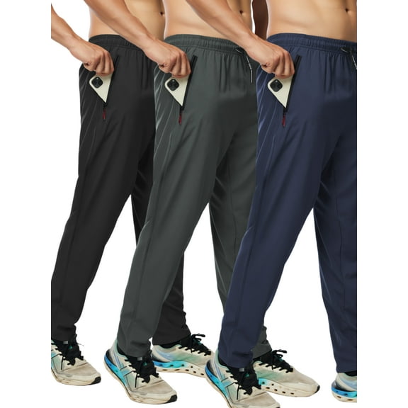 MANSENHUG Mens Plus Size 3 Pack Lightweight Fabric Active Athletic Workout Jogger Sweatpants for Men with Zipper Pocket and Drawstring