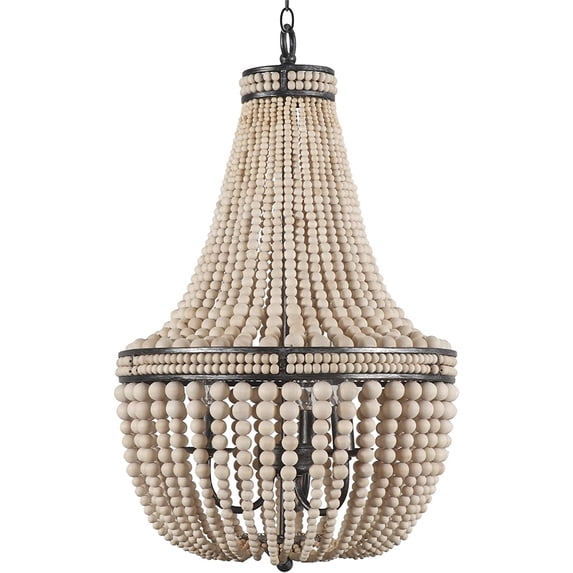 MANXING Farmhouse Wood Beaded Chandelier Boho Light Fixture, Oak White Wooden Bead Chandeliers Rustic Kitchen Island Pendant Lighting for Dining Room, Bedroom, Entryway, Living Room