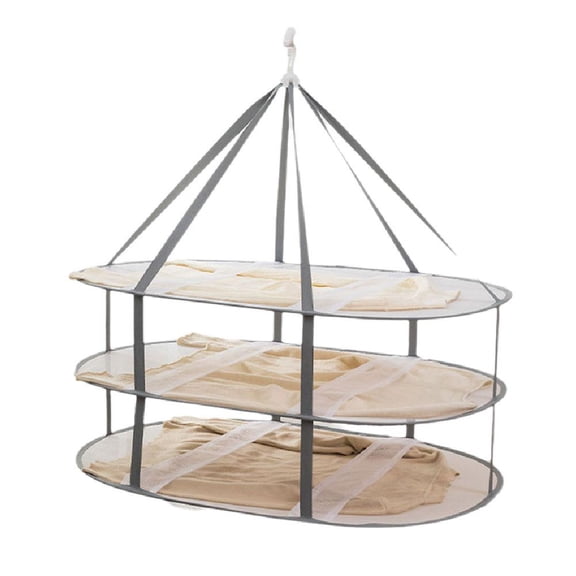 MANYUN 3-Tier Folded Mesh Clothes Hanging Dryer, Collapsible Sweater Drying Rack Basket, Foldable Drying Net with Lockable Hook, 30.3" L x 24.5" W x 30.7" H