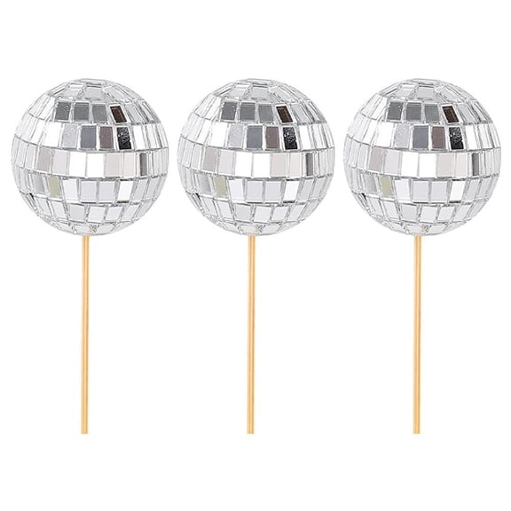 MANYUN 3pcs Mirror Ball Cake Toppers, 70s 80s Retro Disco Dance Party Supplies, Silver Golden Glitter Dessert Decoration for Birthday