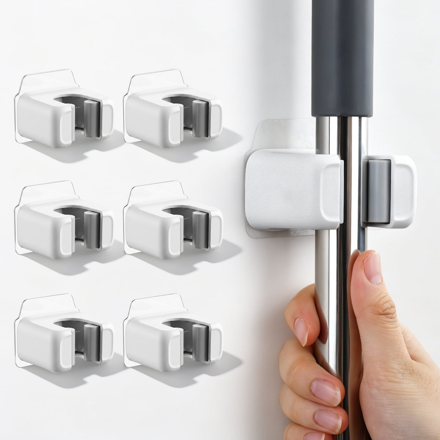 MAOFACE 6 Pack Mop and Broom Holder Wall Mount, Self Adhesive No-Drill Mop Grippers for Bathroom Office Kitchen Closet Garage, White