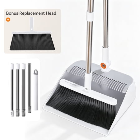 Maoface Broom and Dustpan Set for Home, 53'' Broom Dustpan Combo with Dustpan Teeth to Clean Hair, Includes 2 Broom Heads, Stand-Up Storage, White