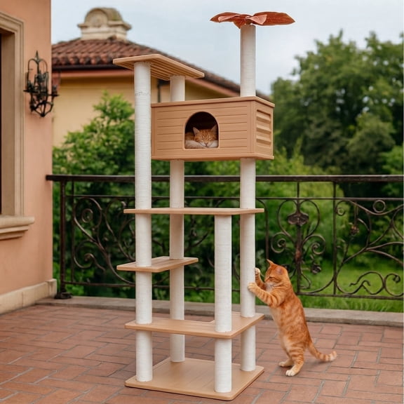 MAOHEGOU 74.8 Inches Tall Outdoor Weatherproof Cat Tower, Multi-Level Cat Tree, Large Cat Condo with PVC Board and Cat Scratching Posts, for Outside and Indoor Cat Houses