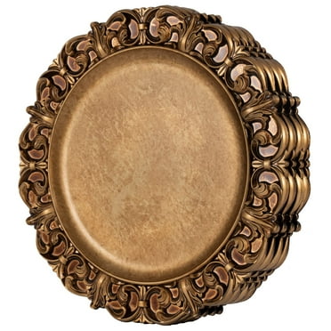 MAONAME 13" Antique Gold Charger Plates with Embossed Rims, Set of 4, Plastic Plate Chargers for Dinner Plates, Table Setting