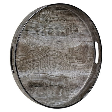 MAONAME 13" Round Decorative Tray, Plastic Tray with Handles, Coffee Table Tray, Serving Tray for Ottoman, Bathroom, Kitchen (Sticker Wood Grain)