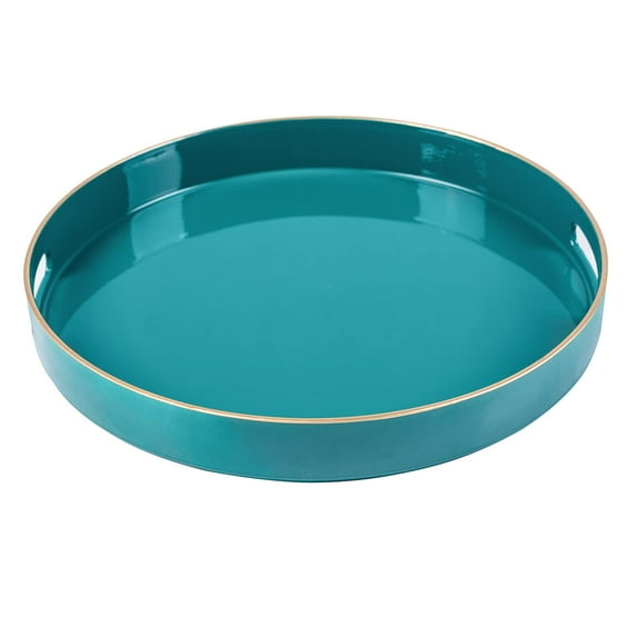 MAONAME 13" Round Tray, Teal Serving Tray with Handles, Modern Decorative Tray for Coffee Table, Plastic Ottoman Tray for Ottoman, Bathroom, Decor