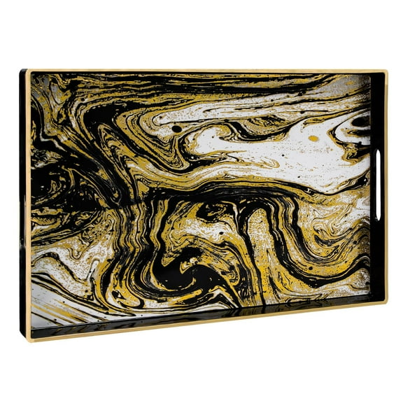 MAONAME Black Decorative Tray with Handles, Plastic Serving Tray for Coffee Table, Marbling Rectangular Tray for Ottoman, Bathroom, Storage, 15.7" Lx 10.2" W X 1.57" H