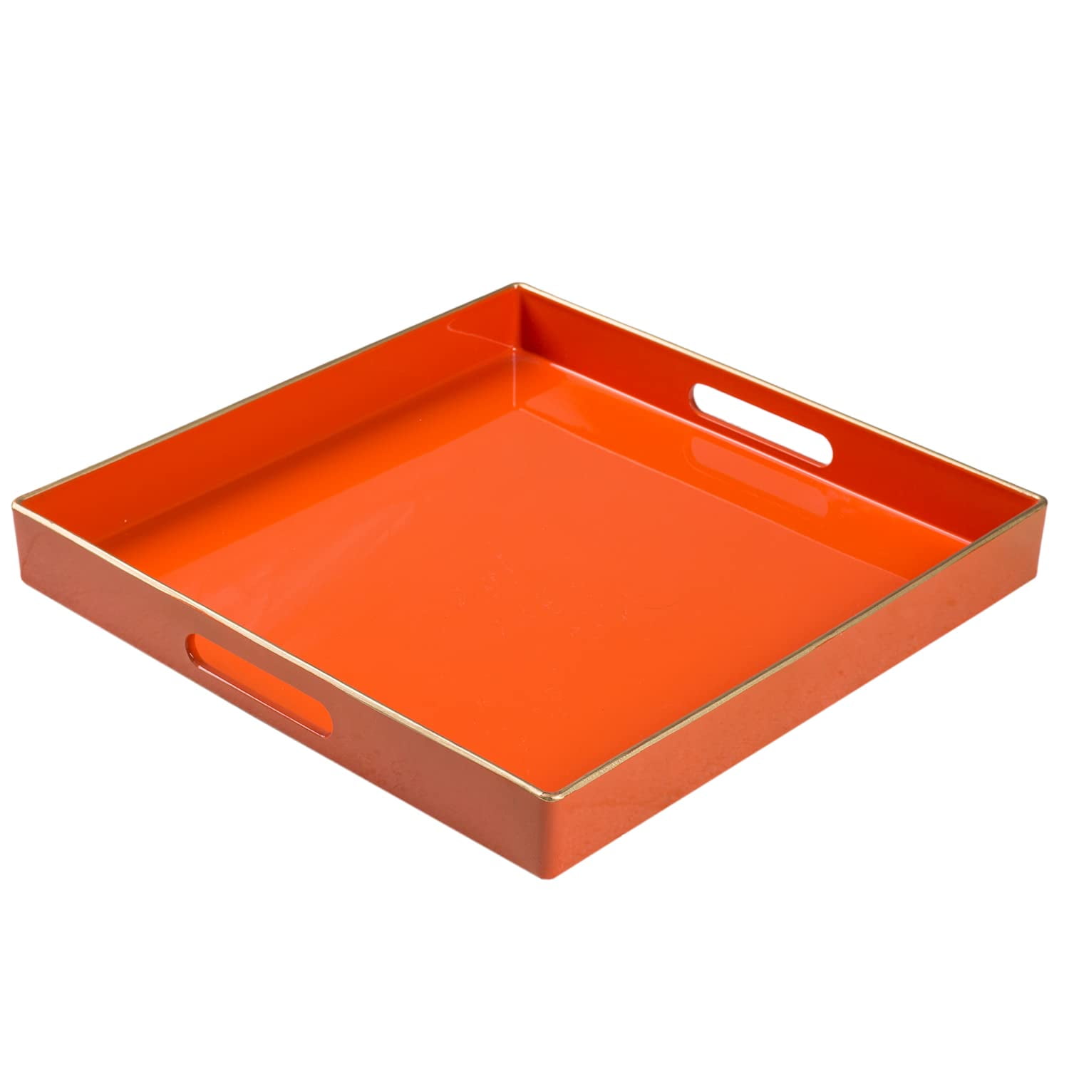 Orange Plastic Square Serving Tray with Handles and Gold Trim