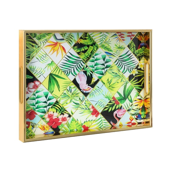 MAONAME Gold Decorative Tray, 15.7" X 11.8" Plastic Serving Tray with Handles, Printed Glass Tray, Rectangular Tray for Coffee Table, Ottoman