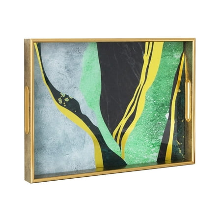 MAONAME Gold Decorative Tray, 15.7" X 11.8" Plastic Serving Tray with Handles, Printed Marble Glass Tray, Rectangular Tray for Coffee Table, Ottoman