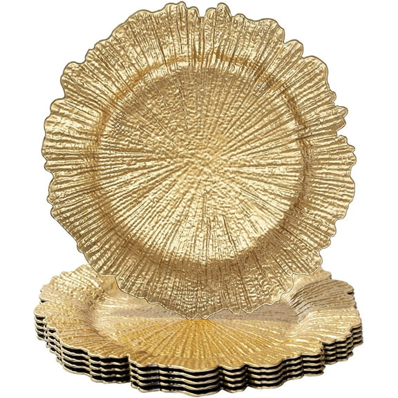 MAONAME Round 13" Gold Charger Plates, Set of 6, Reef Plate Chargers for Dinner Plates, Plastic Table Chargers for Wedding, Thanksgiving, Christmas