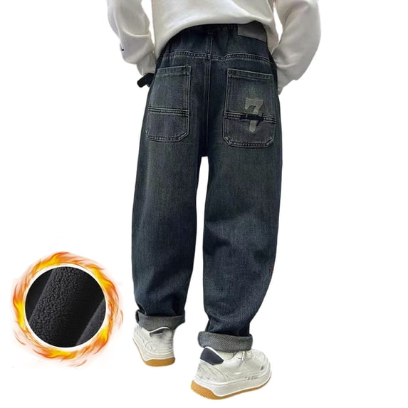 MAOQHI High Waisted Jeans for Boy Winter Thermal Thickened Lined Denim Trousers for Kids Loose Wide Leg Soft Casual Washed Solid Jeans Pants Kids Pants Child Trousers A Navy 5-6 T