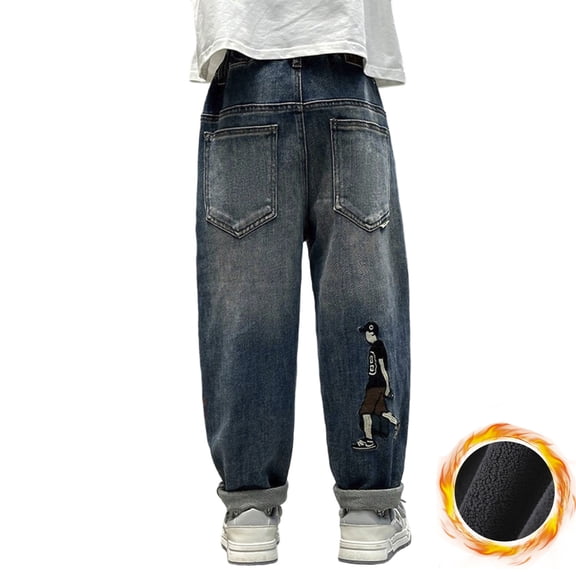 MAOQHI Jeans for Boys Winter Thermal Thickened Lined Printed Denim Trousers for Kids Loose Tapered Leg Soft Casual Washed Solid Jeans Pants with High Waist Children Trousers I Navy 7-8 T