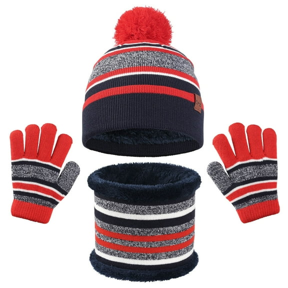 MAOQHI Kids Winter Hat Gloves Scarf Set Hat Scarf and Gloves 3Pcs Set for Boys and Girls Striped Pompom Glove Neck